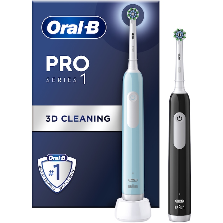 Комплект 2 x Електрическа четка за зъби Oral-B Pro 1, 3D почистване, 3 програми, 1 накрайник, Черен/Син