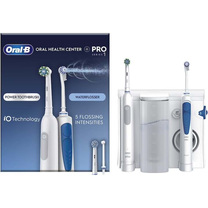 Oral-B Oral Health Center szájzuhany, Pro Series 1 elektromos fogkefével, 5 sbesség, 1 Oxyjet fúvóka, 1 vízsugár fúvóka, 3D tisztítás, 2 fej, Fehér