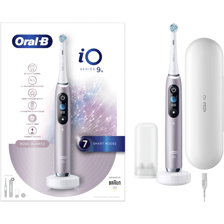 Електрическа четка за зъби Oral-B iO9, Магнитна технология, Микровибрации, Изкуствен интелект, LED дисплей, Smart сензор за натиск, Таймер, 7 режима, 1 накрайник, Магнитно зарядно устройство, Комплект за пътуване със зарядно, Rose Quartz