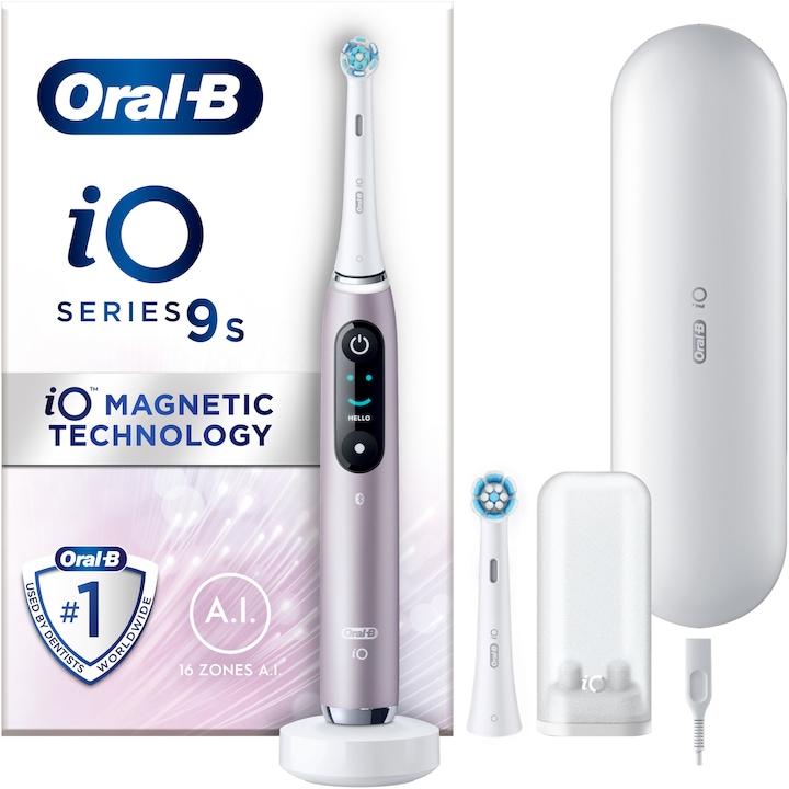 Електрическа четка за зъби Oral-B iO9, Магнитна технология, Микровибрации, Изкуствен интелект, LED дисплей, Smart сензор за натиск, Таймер, 7 режима, 1 накрайник, Магнитно зарядно устройство, Комплект за пътуване със зарядно, Rose Quartz