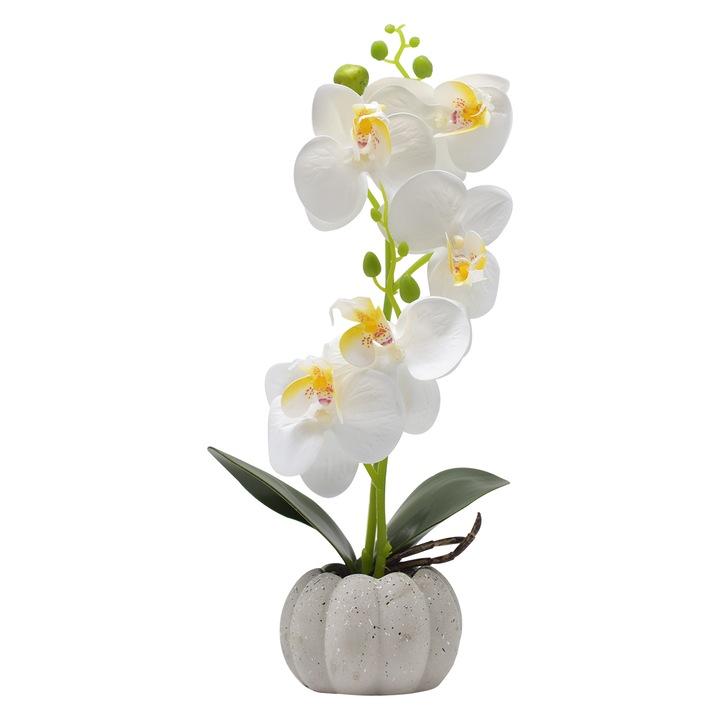 Orhidee cu aspect natural in ghiveci ceramic, 30 cm, Naimeed D4856, Alb