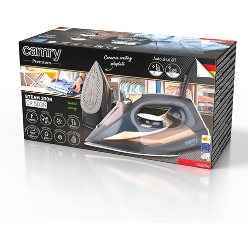 Fier de calcat Camry CR5036, 3400W, sistem anti-calcar, negru-maro, 1,5m