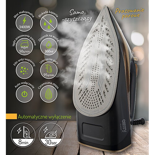 Fier de calcat Camry CR5036, 3400W, sistem anti-calcar, negru-maro, 1,5m