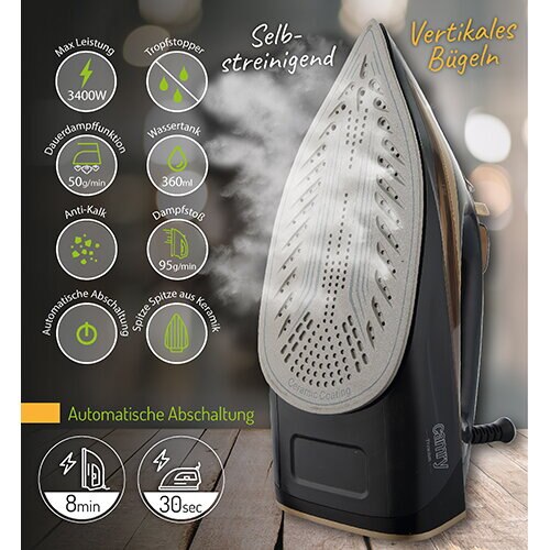 Fier de calcat Camry CR5036, 3400W, sistem anti-calcar, negru-maro, 1,5m