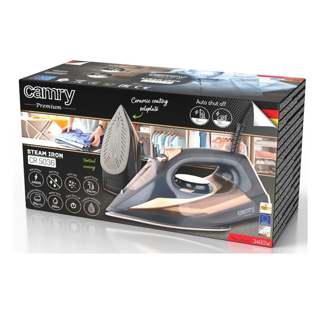 Fier de calcat Camry CR 5036, 3400 W, 5 functii, Anti-calcar, Negru/Auriu