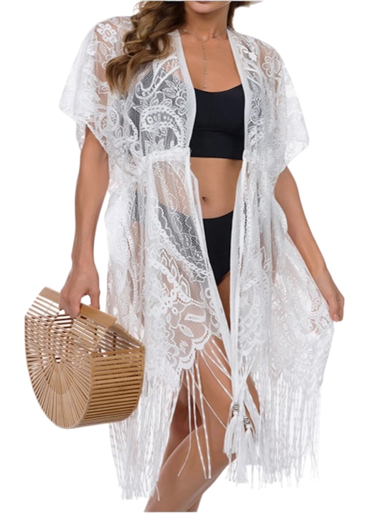 Pareo pentru plaja, StarFashion, tip cardigan, cu snur in talie si franjuri, maneca scurta, Alb