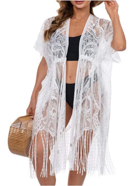 Pareo pentru plaja, StarFashion, tip cardigan, cu snur in talie si franjuri, maneca scurta, Alb