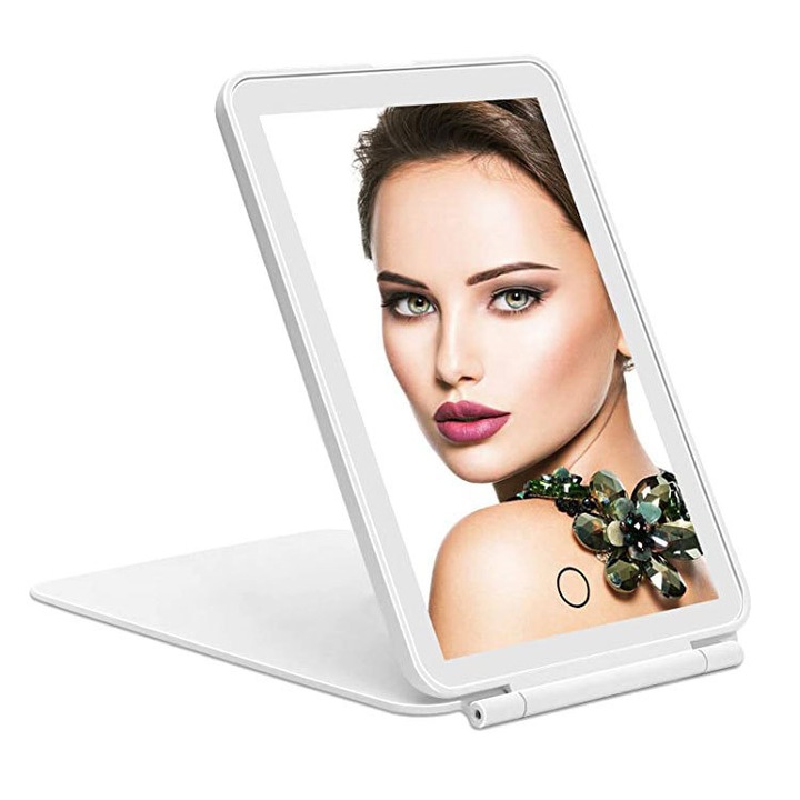 Oglinda de machiaj cu LED, Portabila, 3 moduri de luminare, intensitate reglabila, buton tactil, incarcare USB/TYPE-C, 1000 mAh, Alb