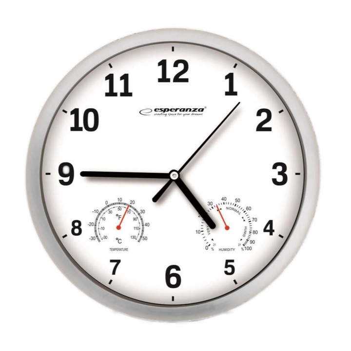 Ceas de Perete Decorativ Alb cu Termometru si Hidrometru: Eleganta si Utilitate in Dimensiuni Perfecte (25x3.6 cm), Alb
