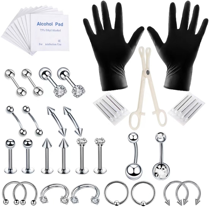 47 db-os piercing készlet, rozsdamentes acél, ezüst