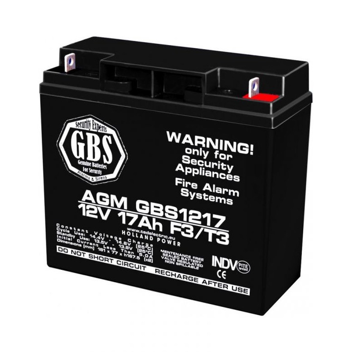 Akkumulátor AGM VRLA 12V 17A méretek 181mm x 76mm xh 167mm F3 GBS