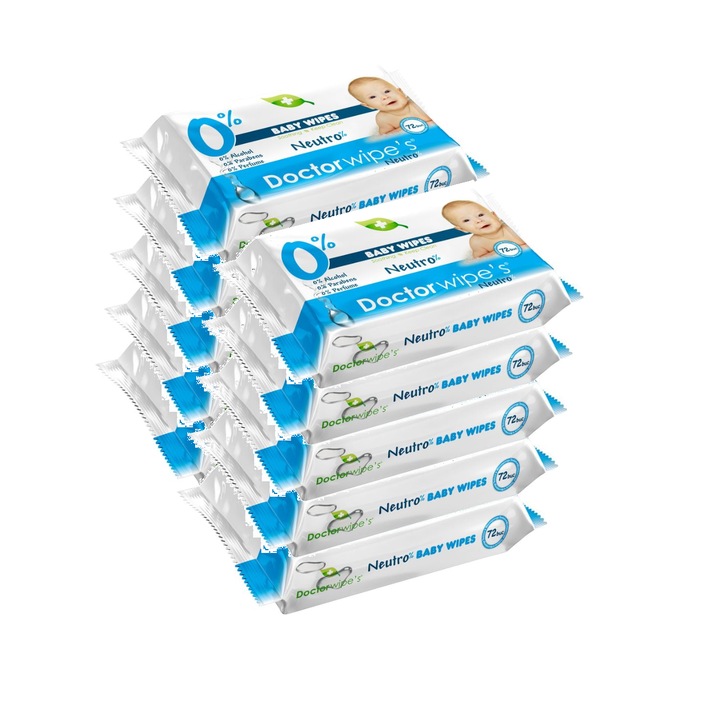 Doctor Wipe's Neutro мокри кърпички, 0% алкохол, парабени, парфюм, 10 опаковки x 72, 720 бр