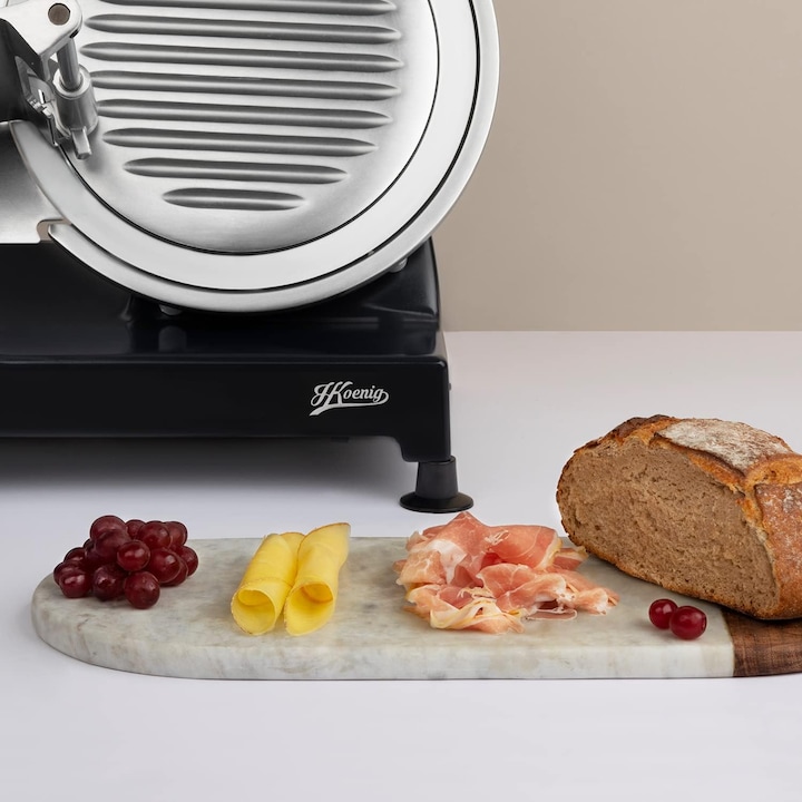 Elektromos ételszeletelő H.Koenig, MSX252, olasz penge Ø250 mm, 282 RPM, állítható vastagság 0-12 mm, többfunkciós, erős motor, integrált pengeélező, kompakt kialakítás, fém ház, fekete
