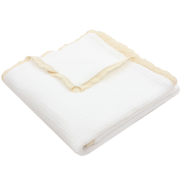 Paturica dubla muselina, Sanzi, cu dantela, alb, 100x80 cm