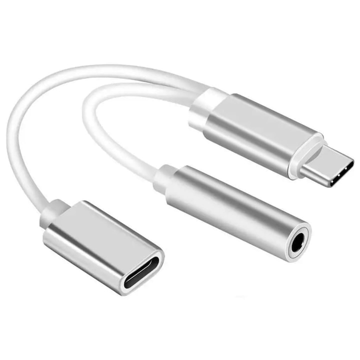 Audioadapter USB Type-C anya USB Type-C apa és Jack 3,5 mm anya, 10 cm, ezüst