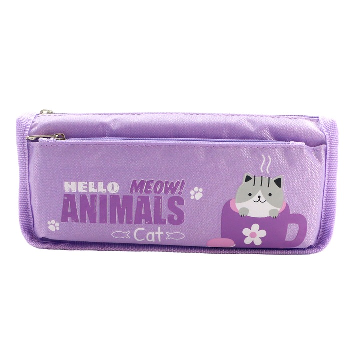Felszereletlen tolltartó 2 rekesszel, macska modell, HZ-7101, lila, 22 x 6 x 9 cm