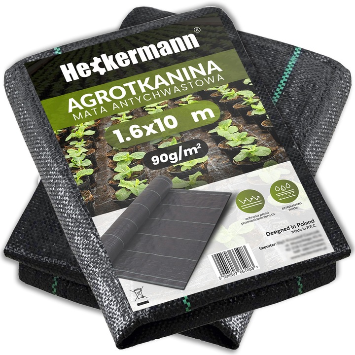 Folie agrotextil antiburuieni, Heckermann, Polipropilena, 1.6 x 10 m, Negru