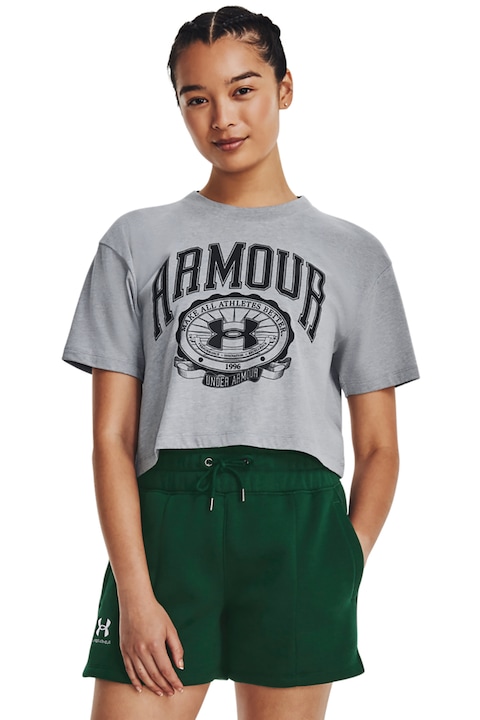 Under Armour, Къса тениска Collegiate за тренировка с лого, Светло сив/Черен