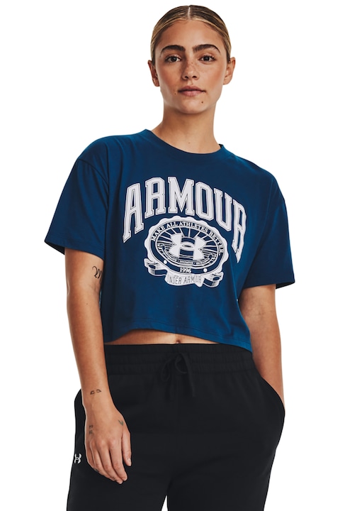 Under Armour, Къса тениска Collegiate за тренировка с лого, Бял/Петролно синьо