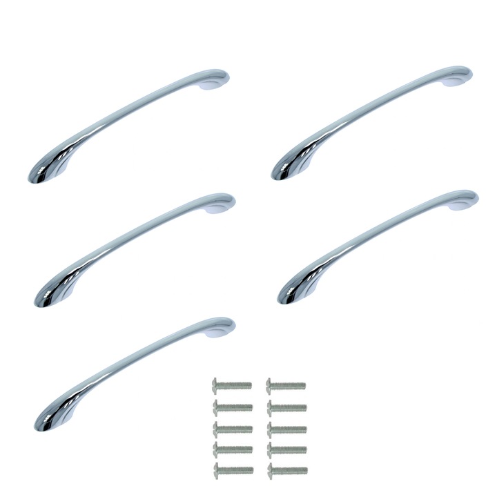 Set 5 manere metalice Dara elegante arcada cromate lungime 265 mm cu distanta intre gauri de 224 mm si suruburi de fixare