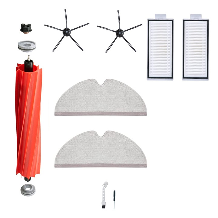 Set accesorii PAA-home pentru aspiratorul Roborock Q7, 2 perii laterale cu 5 brate din silicon negre, 2 filtre, doua lavete full cover, 1 perie centrala cu capeti detasabili, unelte pentru schimb