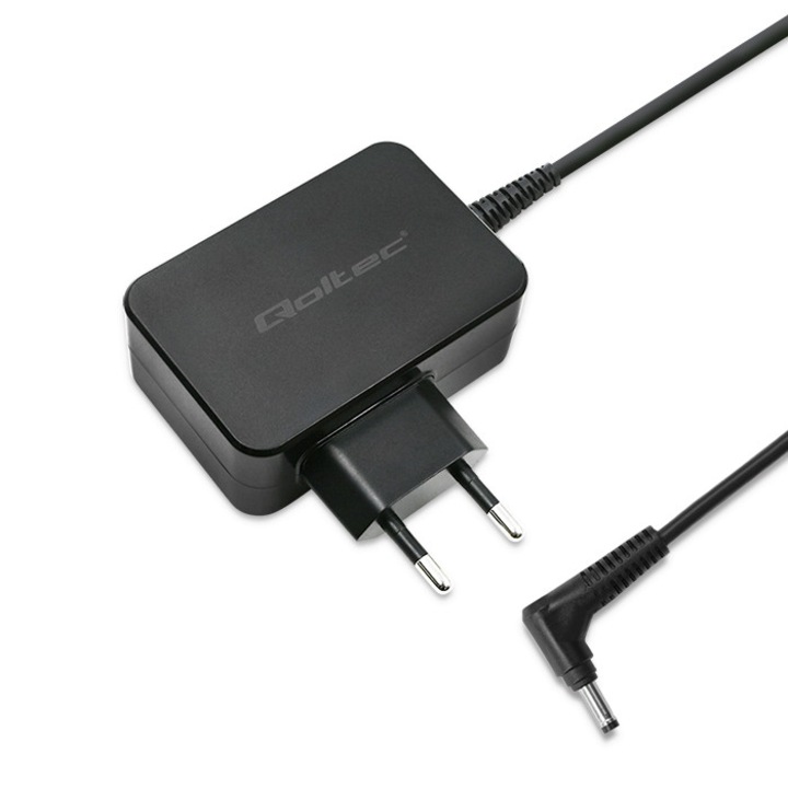 Hálózati adapter tépőzárral a kábelszervezéshez, Qoltec, 52408, Teljesítmény: 40 W, Kimeneti feszültség: 19 V, Kimeneti áram: 2,1 A, Csatlakozó: 3,0 * 1,0 mm, Méretek: 79 x 90 x 25 mm, Fekete