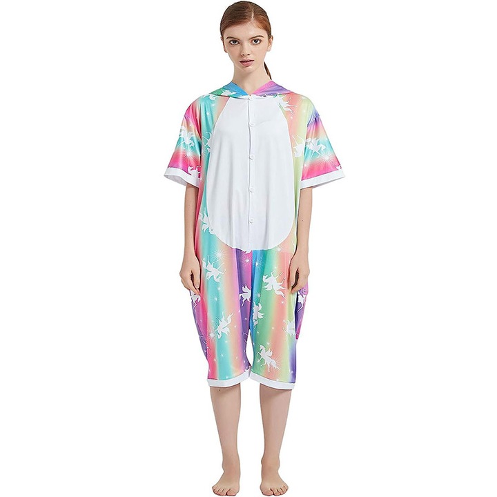 Costum de carnaval pentru copii, model unicorn colorat, imprimeu caluti, KIGURUMI, 8-9 ani