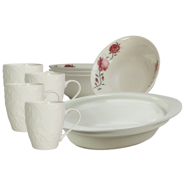 Serviciu de masa, 4 persoane, 9 piese, cana 370 ml, bol, tava termorezistenta, Portelan decorat cu Trandafiri roz