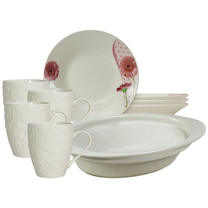 Serviciu de masa, 4 persoane, 9 piese, cana 370 ml, farfurie adanca, tava termorezistenta, Portelan decorat cu Margareta