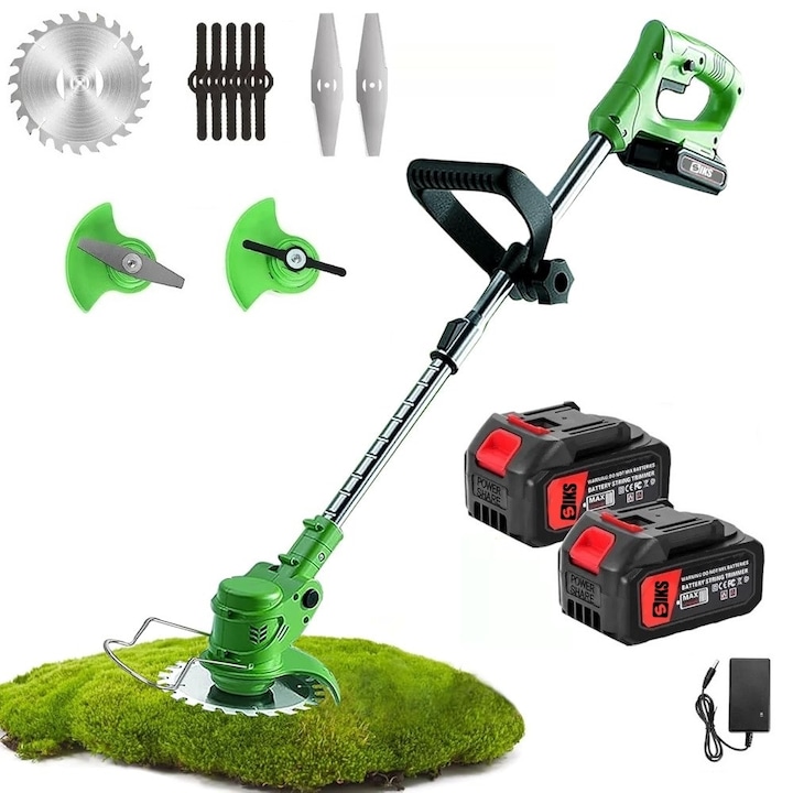 Motocoasa Electrica SIKS Cu Acumulator, Fara Fir, Cu Disc, 2 Acumulatori Inclusi, 18000 RPM, Autonomie Mare, 3 Tipuri De Lame De Taiere, Brat Ajustabil, 7 Accesorii Interschimbabile, Din ABS Si Metal, Verde