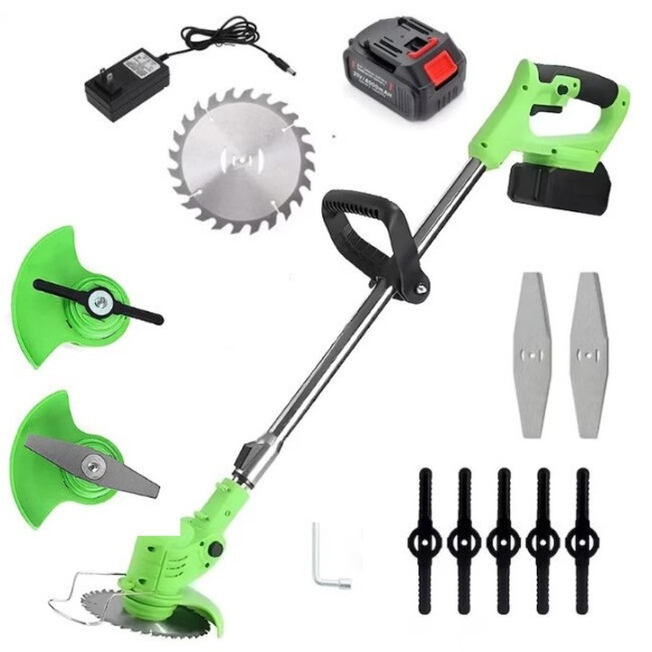 Електрически верижен трион SIKS с 24V батерия, регулируемо рамо, 2 ножа, 1 диск за рязане, 18000 RPM, 2-3 часа автономност, зелен