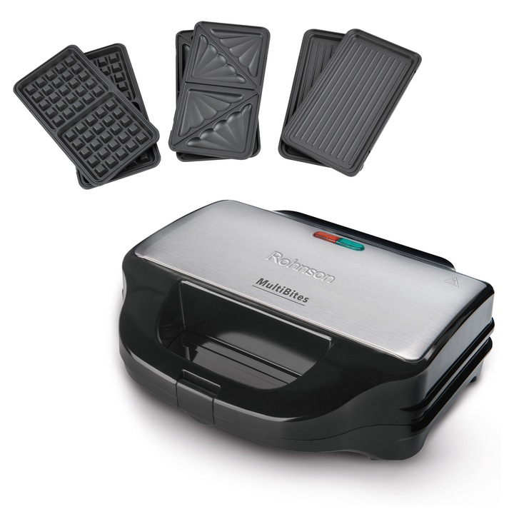 Sandwich maker cu 3 seturi de placi XXL detasabile, pentru sandwich-uri, grill si vafe, 28,5 x 15.7 cm, 900W, Rohnson R2684 MultiBites