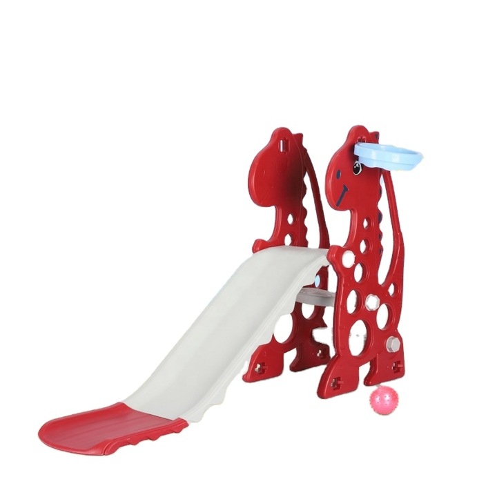 Tobogan dinozaur pentru copii mici intre 1 si 5 ani, Rosu, Cos de baschet detasabil si trepte anti-derapante, Plastic rezistent HDPE inodor netoxic, Usor de montat, Interior-Exterior