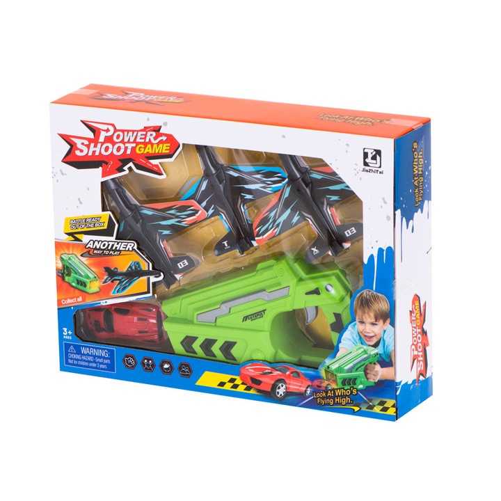 Pistol Lansator de masinute si avioane din plastic, cu 4 avioane si o masina, Verde