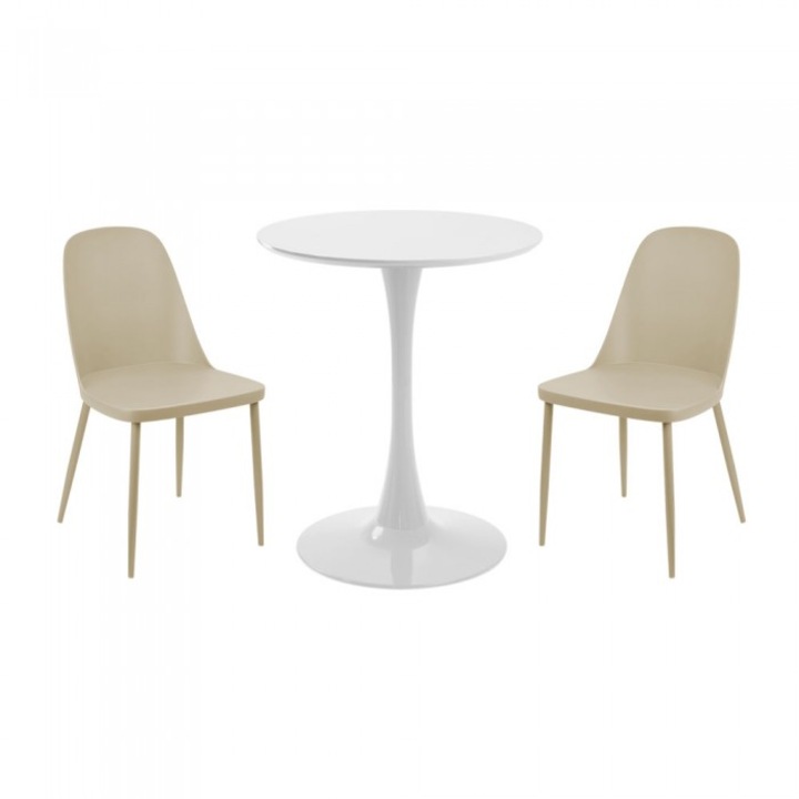 Set mobila bucatarie RAKI, masa rotunda alba D60xh76cm Nikko si 2 scaune polipropilena/picioare metalice Orlando bej 54x46xh80cm