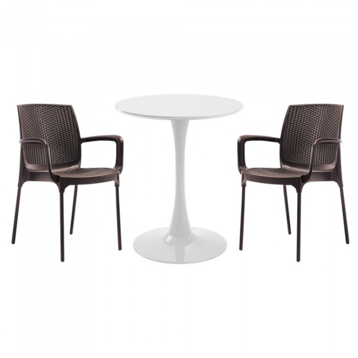 Set mobila bucatarie RAKI, masa rotunda alba D60xh76cm Nikko si 2 scaune polipropilena Sunset Rattan antracit