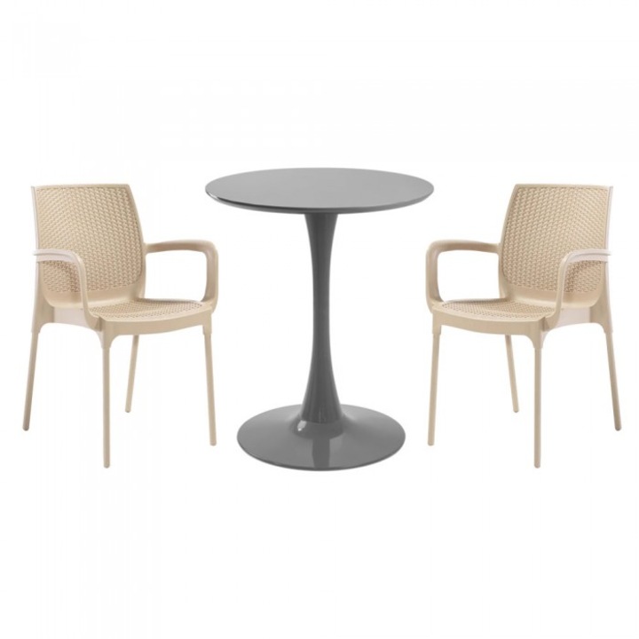 Set mobila bucatarie RAKI, masa rotunda gri D60xh76cm Nikko si 2 scaune polipropilena Sunset Rattan cappuccino