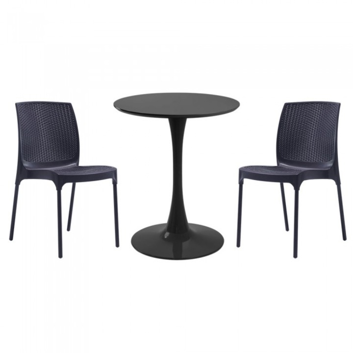 Set mobila bucatarie RAKI, masa rotunda neagra D60xh76cm Nikko si 2 scaune polipropilena Sunny Rattan antracit