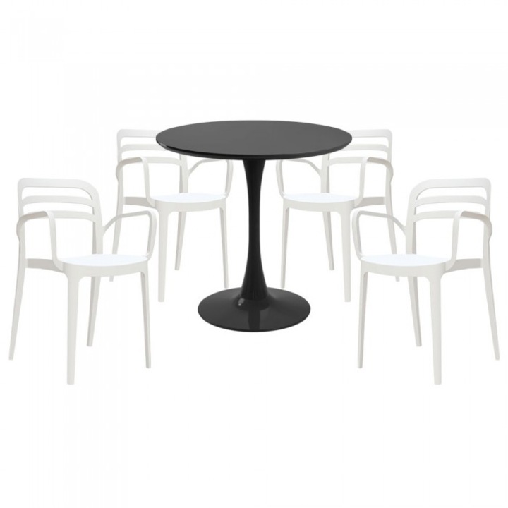 Set mobila bucatarie RAKI, masa rotunda neagra D80xh76cm Nikko si 4 scaune polipropilena Aspendos albe