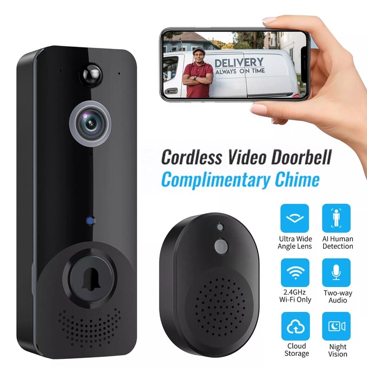 MOSMAOO Video kaputelefon, vezeték nélküli csengő, infravörös érzékelő, 720p kamera, éjjellátó, intelligens alkalmazás, fekete