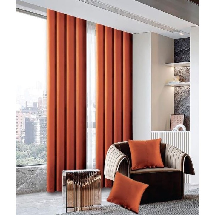 Set 2 draperii si 2 fete de perne, Tercot, 4 piese, Uni, 150x245cm, Caramiziu