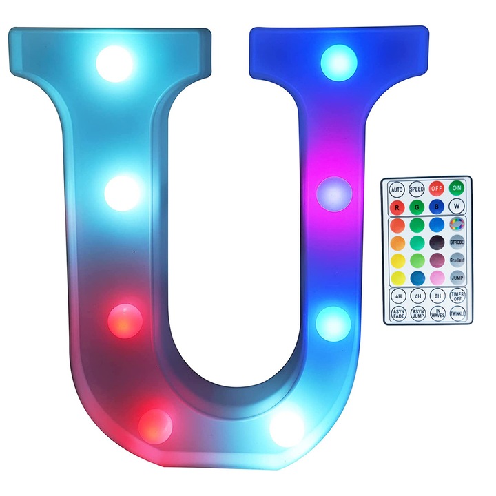 Буква U 3d светещ светодиод, обемен, с дистанционно за управление на цветовете и настройките на светодиодите, на батерии, многоцветен, височина 22 см