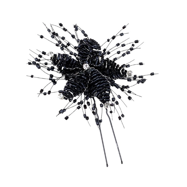 Accesoriu de par, negru, tip ac, cu floare si margelute, Cornelie C9, Pursehuit