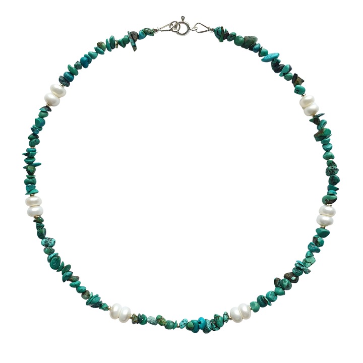 Colier din turcoaz natural si perle cu accesorii din argint