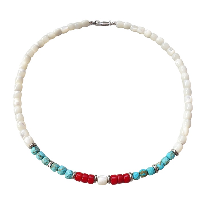 Colier din sidef, turcoaz si coral rosu cu accesorii din inox si inchizatoare din argint rodiat