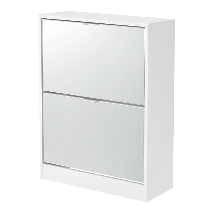 [en.casa] Cipősszekrény PXHF-0001 Kragerø 80x60x24cm forgácslap fehér 2 tárolórekesszel falra is rögzíthető tükrös ajtóval