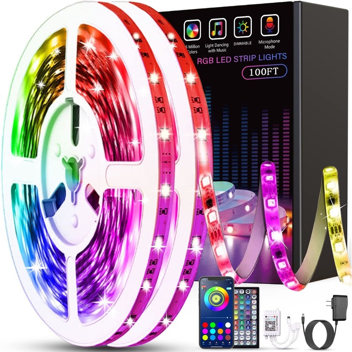 Kit Banda LED, Weluvfit® 20 Metri, G5401-20, 5050 RGB, Bluetooth Controlul APP, telecomanda, mod muzica, timer, intensitate lumina reglabila