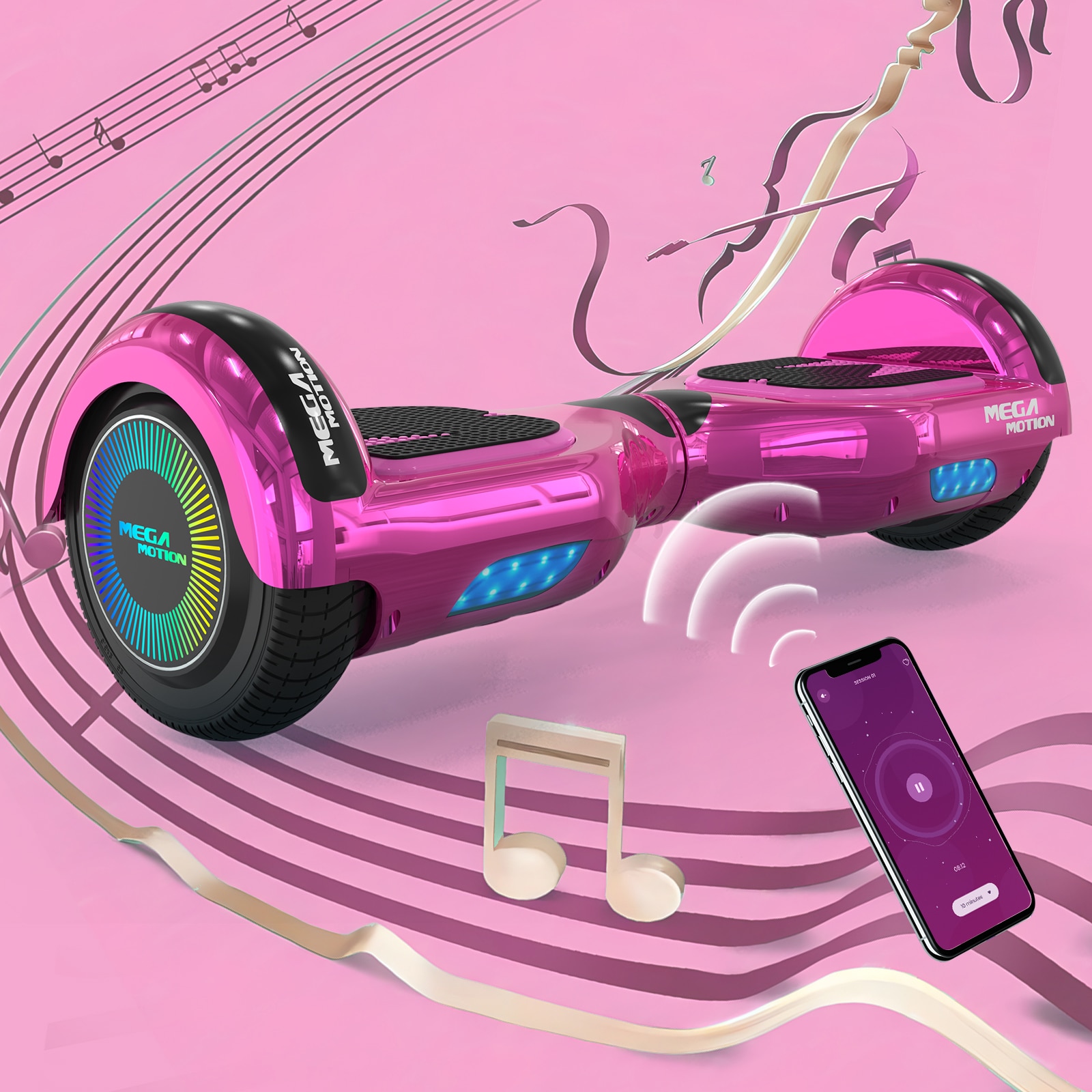 Hoverboard, Mega Motion, ABS/PC, 6.5 inch, Bluetooth, LED, Roz