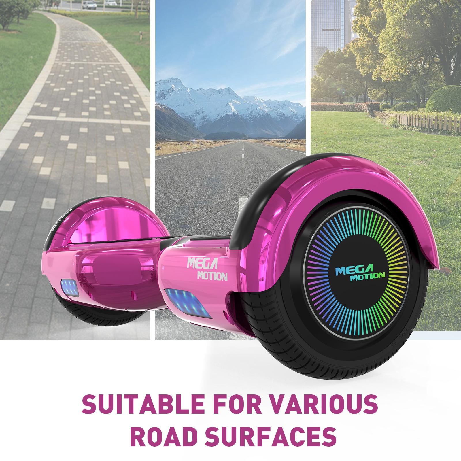 Hoverboard, Mega Motion, ABS/PC, 6.5 inch, Bluetooth, LED, Roz