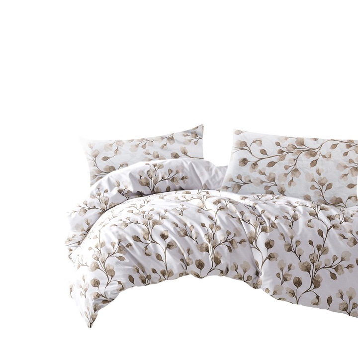 Спално бельо, памучен сатен, PUHA, 220x200, ЛУКС, бели бежови цветя